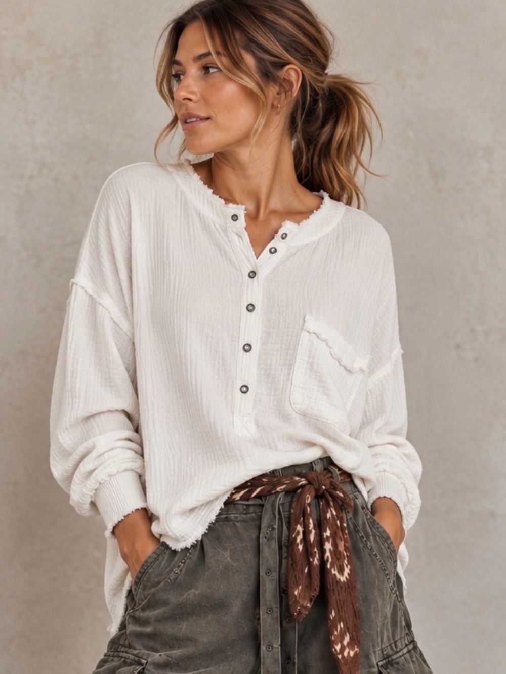 We The Free/Free People Oversized 100% Cotton Gauze Henley Tunic in White
